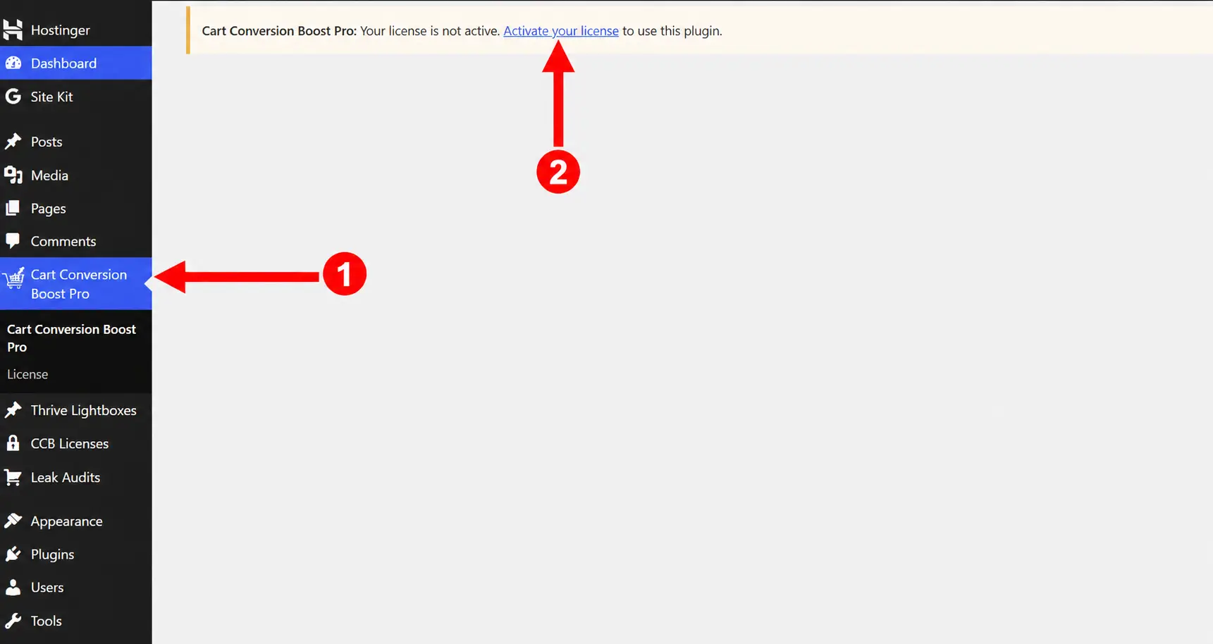 Where to find the Cart Conversion Boost Pro licence page