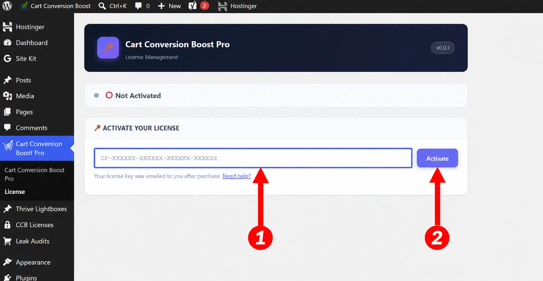 Cart Conversion Boost Pro License page with licence key box and Activate button