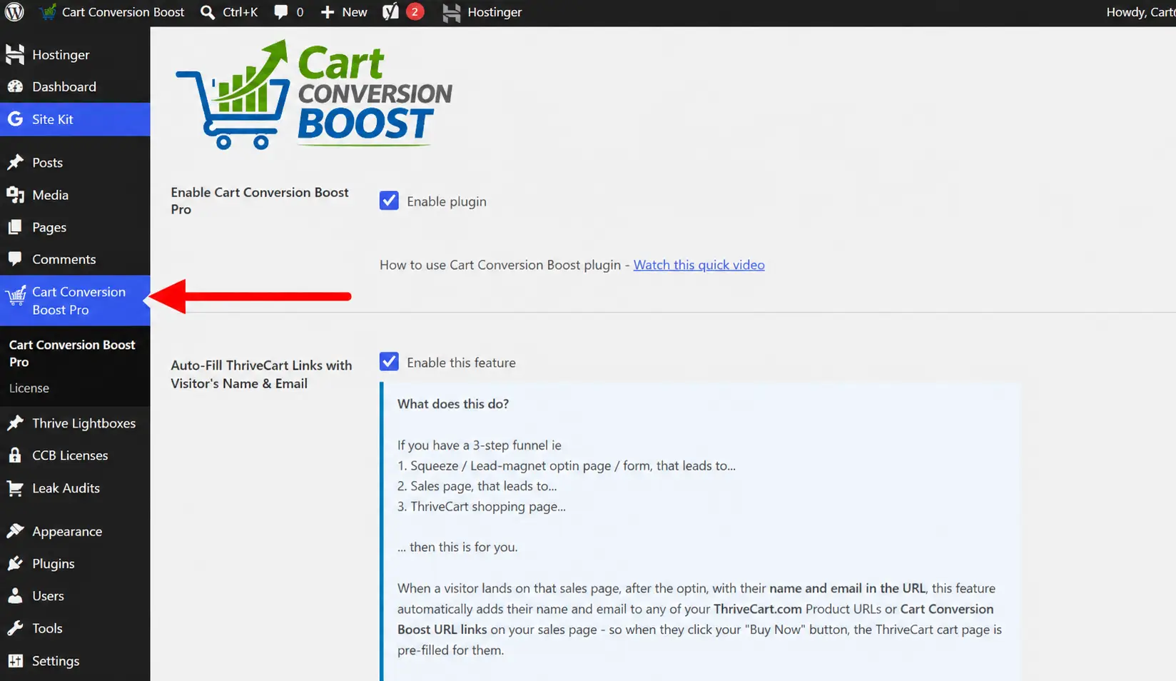 Cart Conversion Boost settings page and left-hand menu